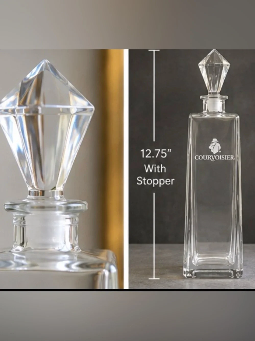 vintage Courvoisier clear glass decanter w/iconic etched Courvoisier logo 12.5”
